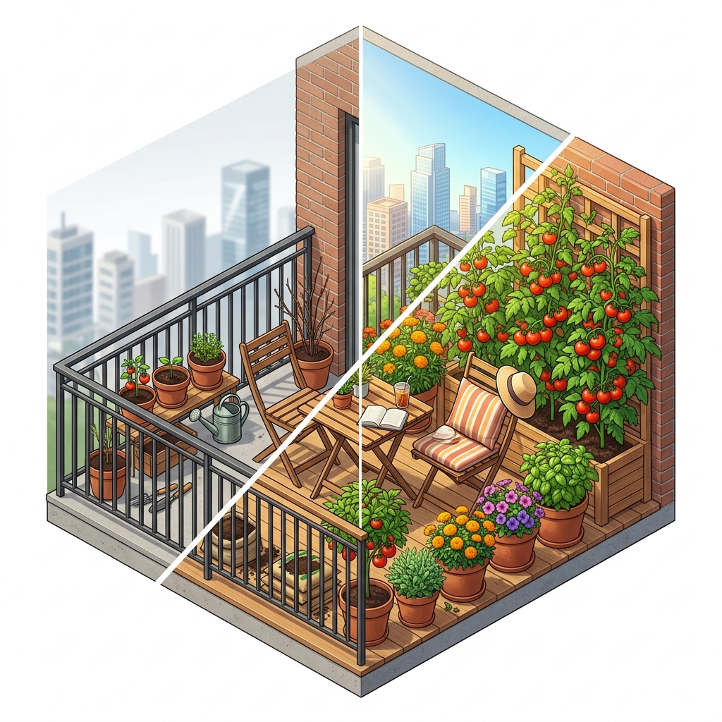 Illustration 3D isométrique séparant le balcon en deux saisons (froid vs été luxuriant)