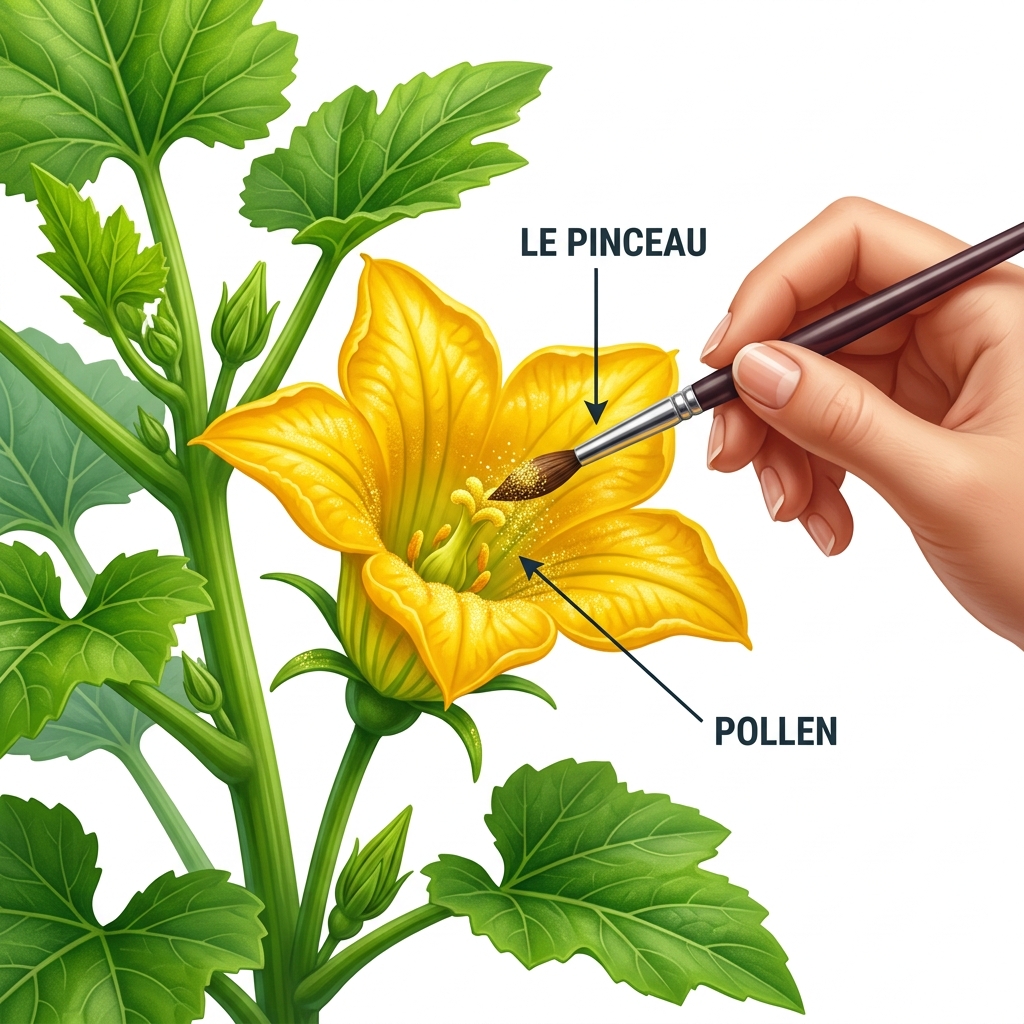 Illustration isométrique montrant un pinceau récoltant du pollen sur une fleur