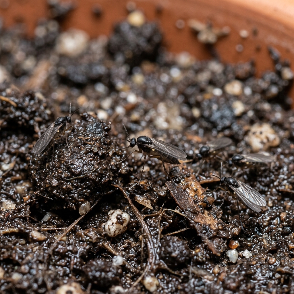 Moucherons de terreau sur la terre