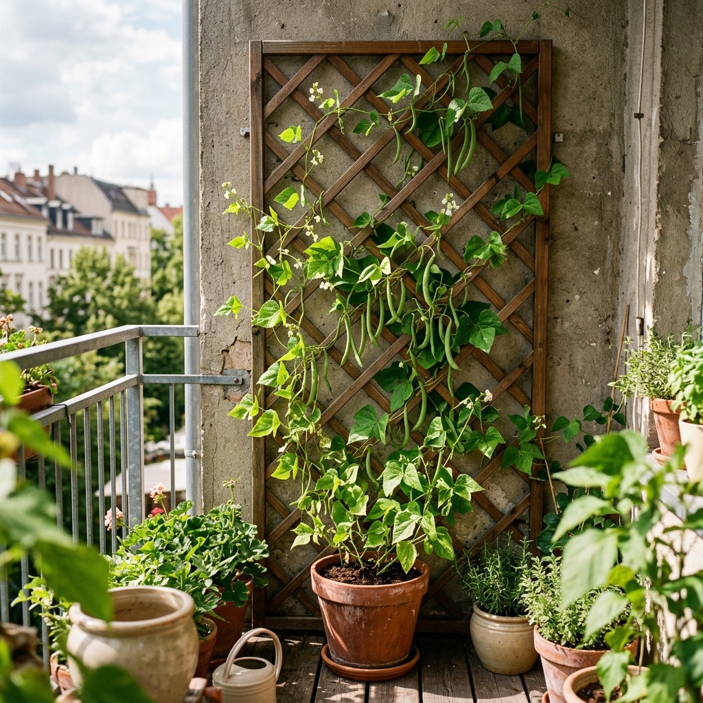 Plantes grimpantes de haricot sur un treillis de balcon