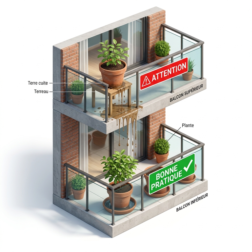 Schéma d'un dégât des eaux sur le balcon du voisin du dessous